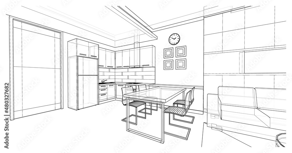 Fototapeta premium Interior design : dining room outline sketch