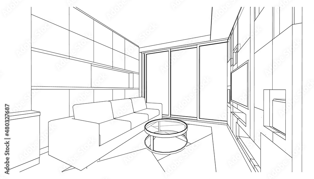 Fototapeta premium Interior design : living room outline sketch