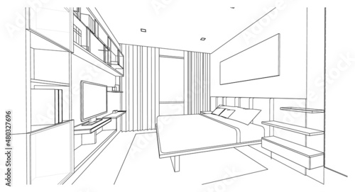 Interior design : bedroom 3d outline sketch