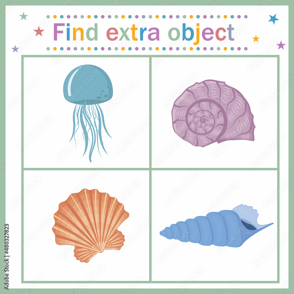 Find an extra object among seashells, a task for children