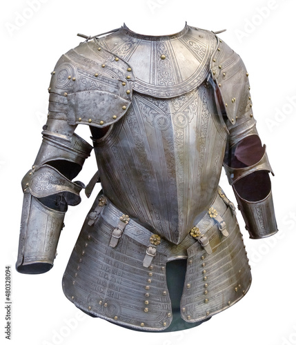 Fotografering Medieval knight suit of armor protection isolated on white background with clipping path