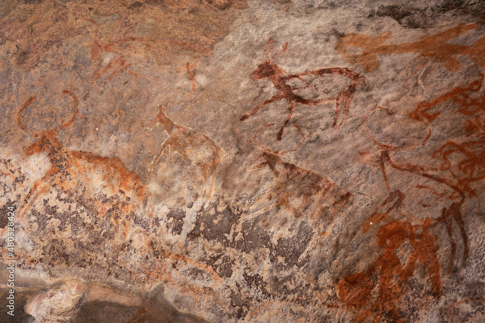 Naklejka premium Bhimbetka Rock Shelters, Raisen, Madhya Pradesh, India. Declared a UNESCO World Heritage site in 2003, the shelters contain ancient rock art from the Upper Paleolithic to Medieval times.