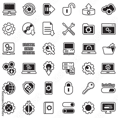 Setup, Installation And Configuration Icons. Line With Fill Design. Vector Illustration.