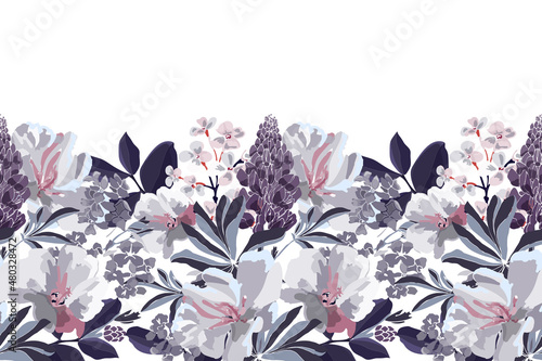 Vector floral seamless pattern, border. Horizontal panoramic design with flowers in grey white and lilac tones.
