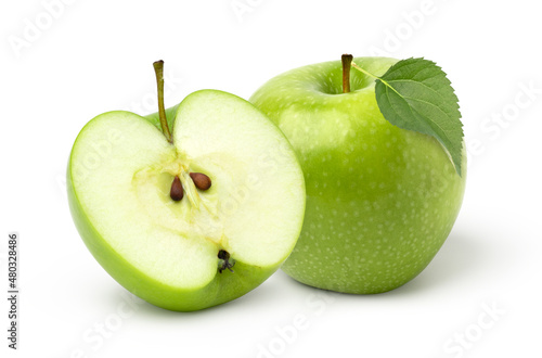 Fresh green apple fruit and halves with leaves isolated on white background..