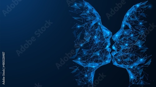 Virtual kiss. Silhouette of a couple in love. Polygonal design of interconnected lines and points. Blue background.