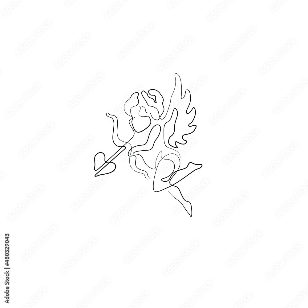 Angel continuous line drawing, small tattoo, print for clothes, t-shirt, emblem or logo design, Valentine's Day, greeting card, hand drawn vector illustration. Continuous line drawing. Angel continuous line drawing, small tattoo, print for clothes, t-shirt, emblem or logo design, Valentine's Day, greeting card, hand drawn vector illustration. Continuous line drawing.