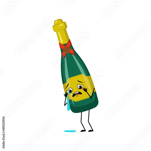 Bottle of sparkling wine character with crying and tears emotion, sad face, depressive eyes. Alcohol man with melancholy expression, glass container for holidays and party. Vector flat illustration