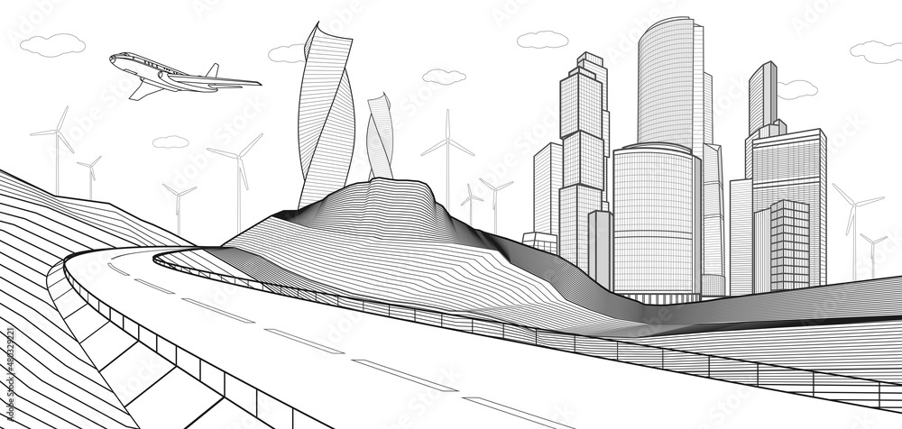Black and white Infrastructure illustration. Highway in mountains ...