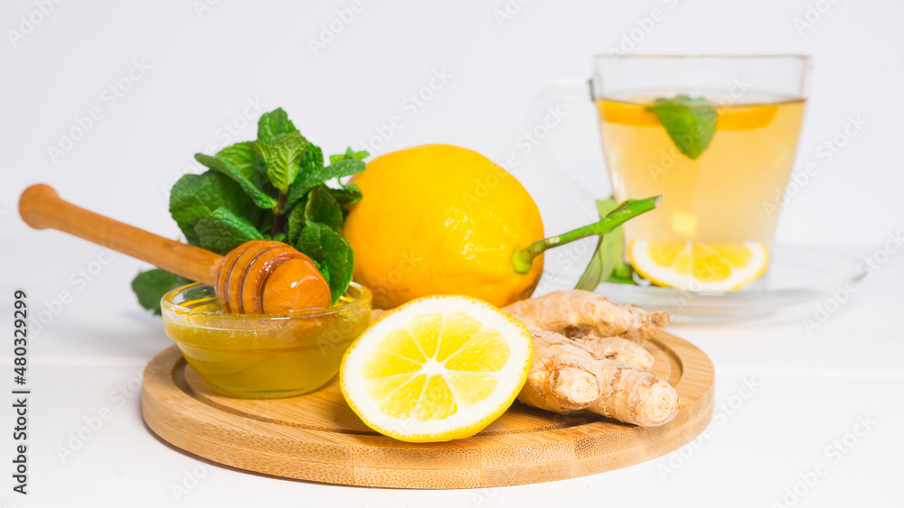 Tea ingredients (lemon, mint, honey, ginger) Tea ingredients (lemon, mint, honey, ginger)