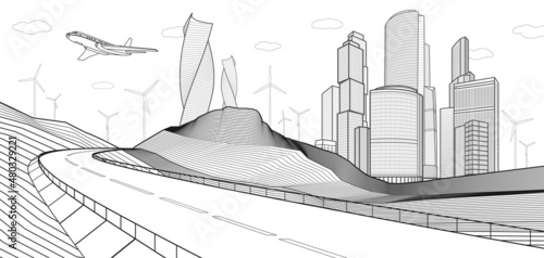 Black and white Infrastructure illustration. Highway in mountains. Modern city at background, tower and skyscrapers, business building. Vector design outlines art