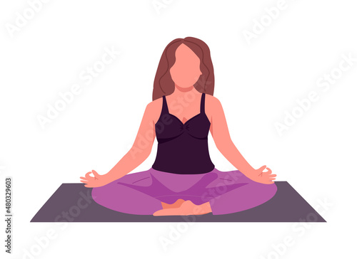 Woman meditating semi flat color vector character. Sitting figure. Full body person on white. Yoga position isolated modern cartoon style illustration for graphic design and animation