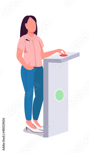 Woman at quiz show semi flat color vector character. Standing figure. Full body person on white. Debate event isolated modern cartoon style illustration for graphic design and animation