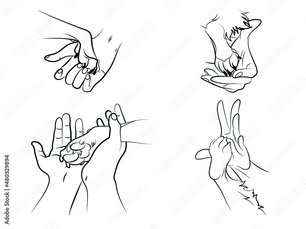 Set of human hand and dog paw. Collections of the hands of a man