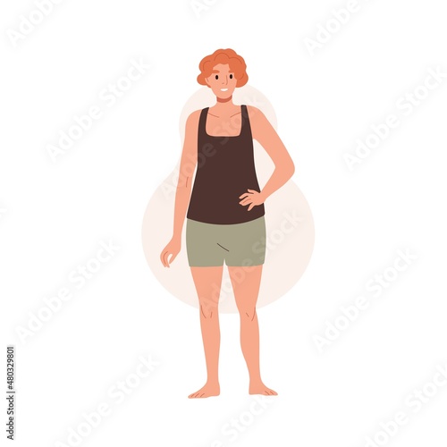 Man in underwear with pear body shape. Guy demonstrates figure with wide hips. Happy male portrait in trunks, underclothes. Flat vector illustration isolated on white background