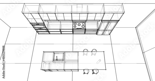 interior design sketch : modern kitchen 3d outline sketch