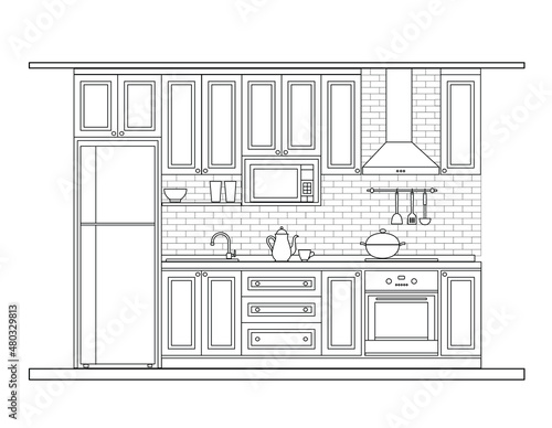 Interior design, kitchen 2d outline sketch