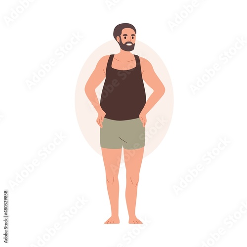Man in underwear with apple type body shape. Male in trunks with oval figure,...