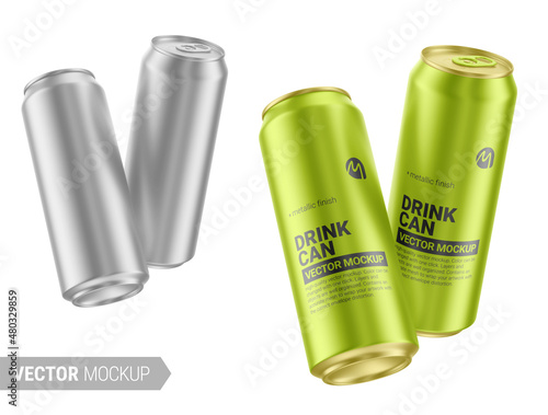 Two metallic drink cans mockup. Vector illustration.