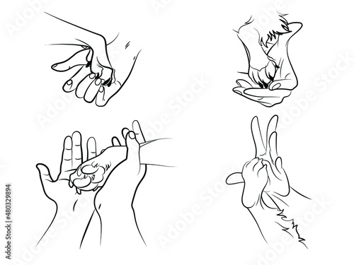 Set of human hand and dog paw. Collections of the hands of a man holding a give paws. Love for animals. Vector illustration of a manifestation of care for the pet.