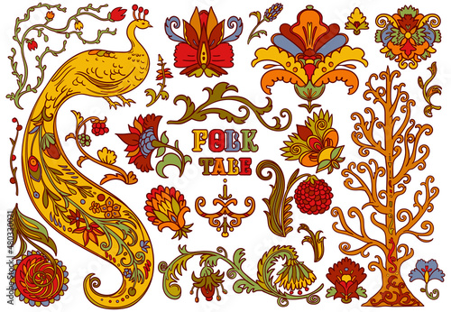Folk tale ornament design elements set. Peacock bird, flowers, plants with decorative patterns. Stylized objects on white background. Colourful vector illustration