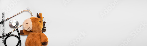 Photos Stethoscope or phonendoscope with a plush toy on a white background: pediatric cardiology, blood donor for children