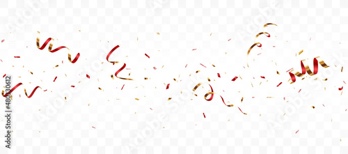 Gold confetti and ribbon background, isolated on transparent background