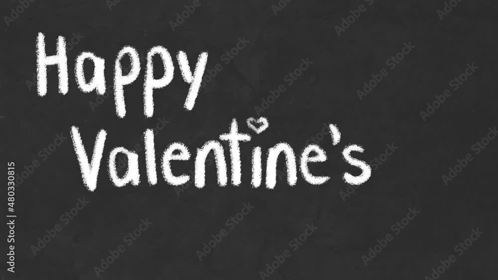 White chalk style writing on black board. Text appears in stop motion video. Happy Valentine's Day text with hugs and kisses. Love, romance and valentines day concept. White chalk style writing on black board. Text appears in stop motion video. Happy Valentine's Day text with hugs and kisses. Love, romance and valentines day concept.
