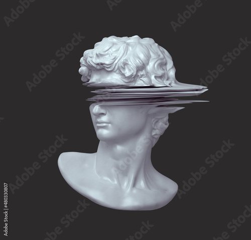 3D rendering concept illustration of glitch deformed classical head sculpture on dark background.