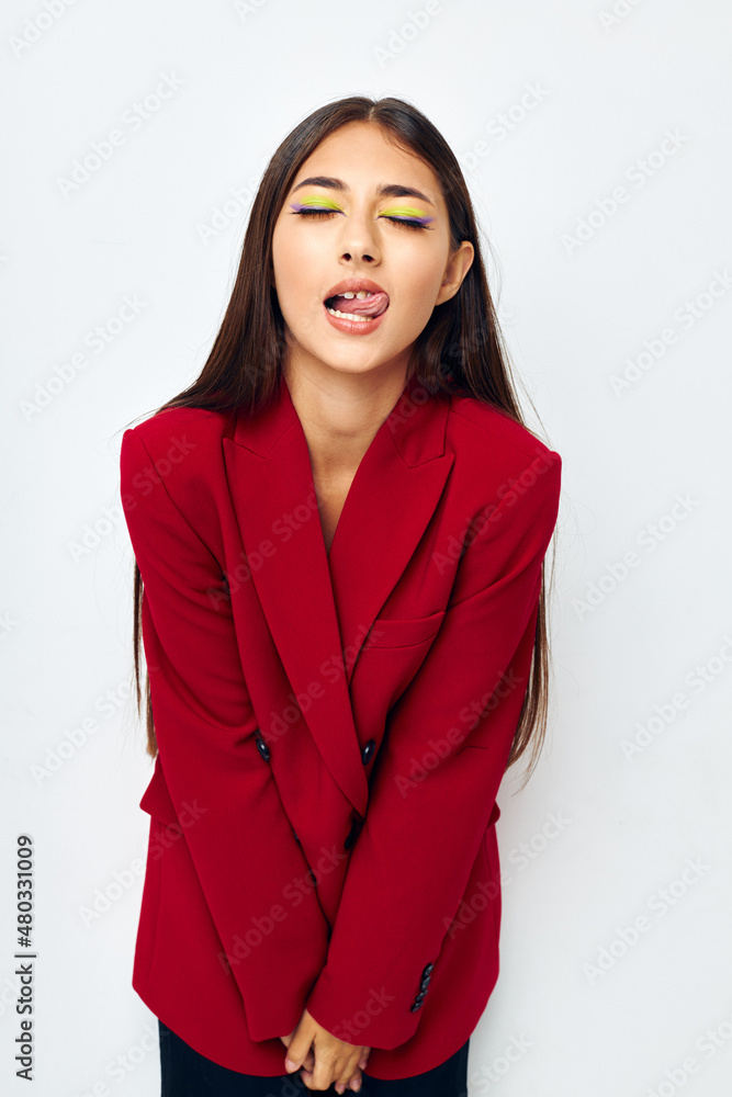 beautiful brunette in a red jacket cosmetics smile studio model unaltered beautiful brunette in a red jacket cosmetics smile studio model unaltered