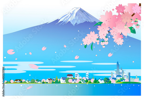 桜舞う街並みと富士山の背景イラスト