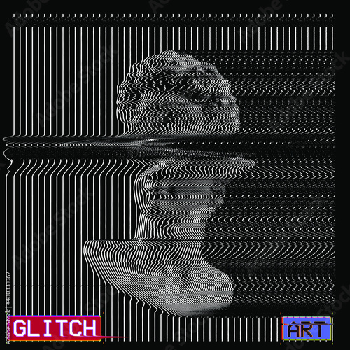 Vector glitch deformed classical head sculpture on dark background background in the style of old tv monitors oscilloscope line design.