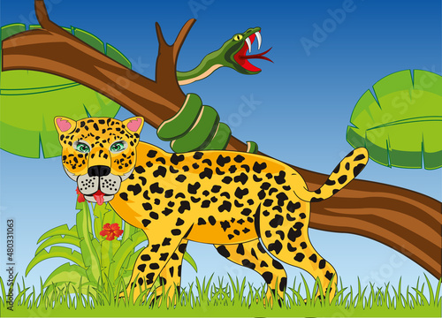 Wild animals leopard and snake in jungle