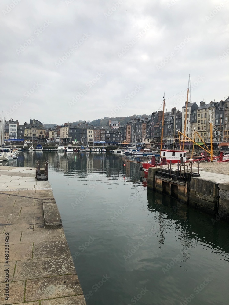 Panorama of waterfront with beautiful medieval old houses in Honfleur, Normandy, Normandie, France, Europe