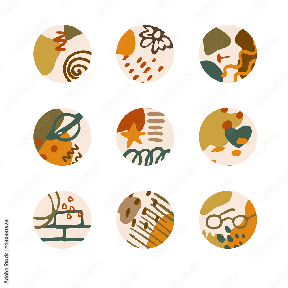 Highlights for social media stories from abstract, hand-drawn figures. Fashionable design of spots, stripes, zigzag, handwriting for a design in a cute casual style. Vector illustration. Highlights for social media stories from abstract, hand-drawn figures. Fashionable design of spots, stripes, zigzag, handwriting for a design in a cute casual style. Vector illustration.