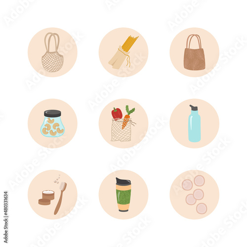 The main points for the concept of zero waste and recycling. Icons knitted bag, thermocup, toothbrush, powder, eco, cotton pads, pasta, shopper, vegetables, nuts, water bottle. Vector illustration.