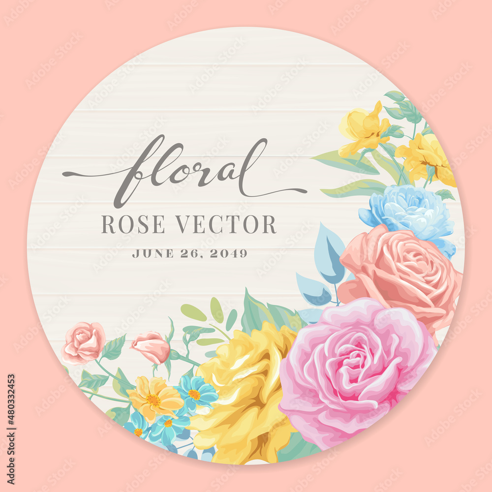 Beautiful Rose Flower and botanical leaf on wood label circle digital painted illustration for love wedding valentines day or arrangement invitation design greeting card