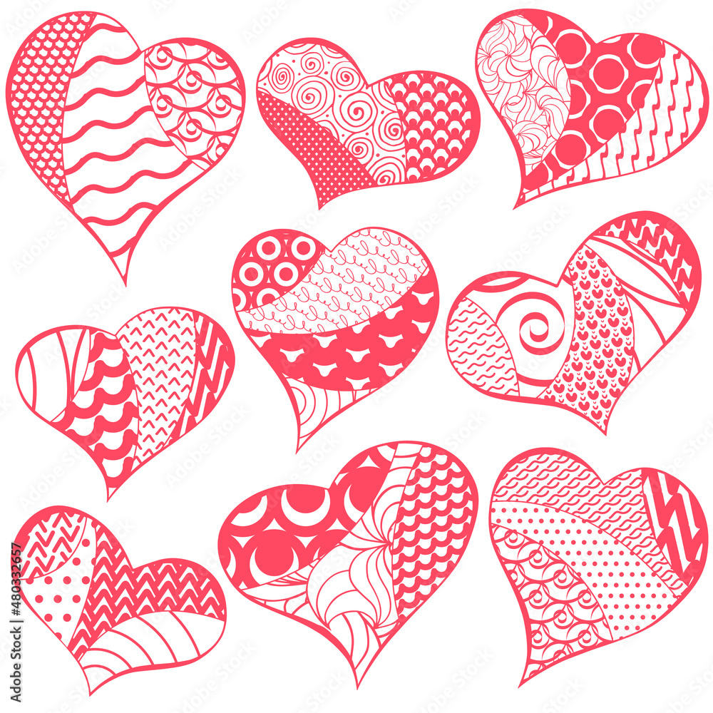 Zen art hearts doodle collection isolated on white background. Valentine's day cute pastel pink template. Trendy set of fill-in heart shapes with different patterns. Patchwork hearts clip art pack. Zen art hearts doodle collection isolated on white background. Valentine's day cute pastel pink template. Trendy set of fill-in heart shapes with different patterns. Patchwork hearts clip art pack.