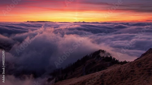 Time lapse of Sunset autumn mountains above the clouds during the weather inversion Fatra mountains in Slovakia, beautiful landscape