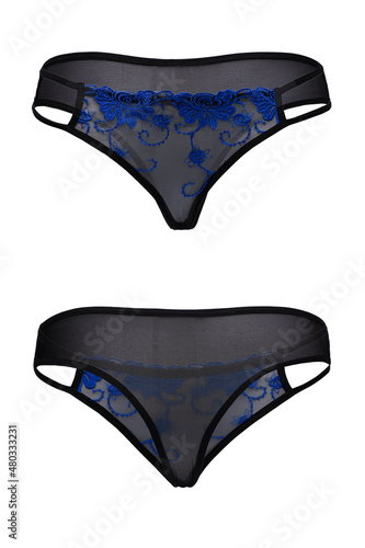 Detail shot of black transparent panties with blue floral embroidery and thin side straps. The sexy lingerie with flower pattern is isolated on the white background. Front and back views.