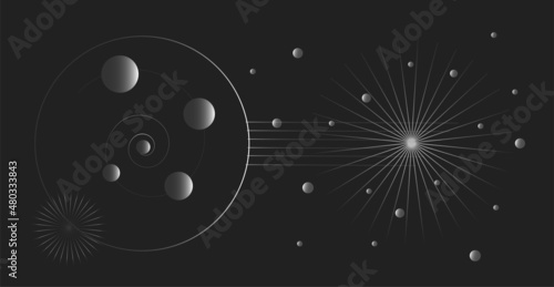 Abstract mystical shapes on a black background. Esoteric symbols, imitation of planets.
