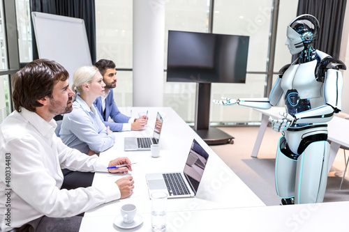 Business meeting with a humanoid robot
