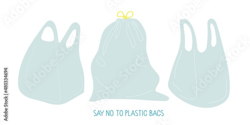 Say no to plastic bags lettering and plastic bags flat vector illustration. Shopping and garbage bags isolated on white background. Stop plastic pollution. Ban plastic bags. Use reusable Eco