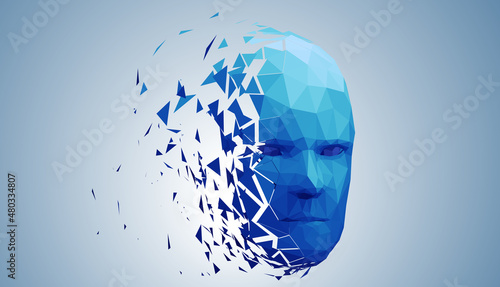 Human head, low poly style 3d vector wireframe object broken into different particles.