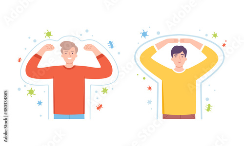 Young Male with Invisible Barrier for Pathogen and Germs Vector Illustration Set