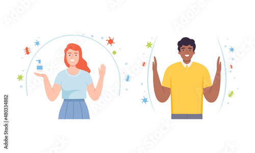 Young Male and Female with Invisible Barrier for Pathogen and Germs Vector Illustration Set photo