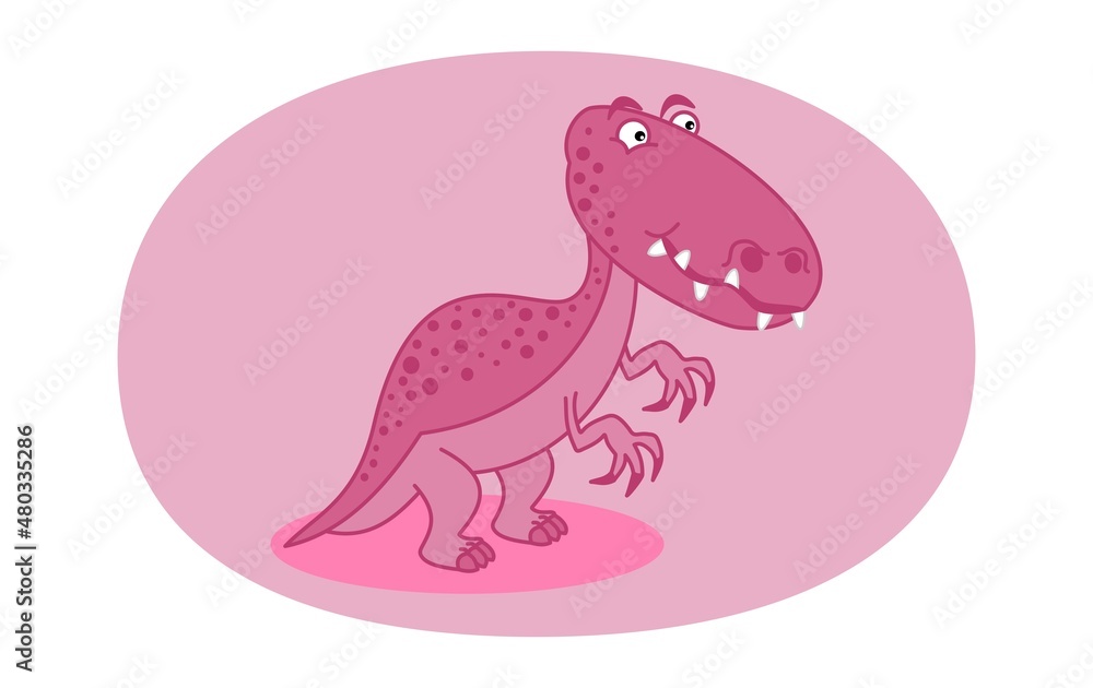 Pink carnivorous dinosaur with large teeth and claws on pink background 