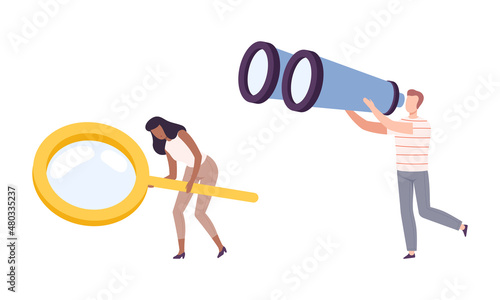 Man and Woman Character Holding Big Binocular and Magnifying Glass Vector Illustration Set