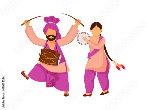 Cartoon Punjabi Couple Playing Music Instrument On White Background.