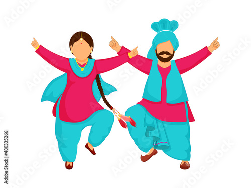 Cartoon Punjabi Couple Doing Bhangra Dance On White Background.